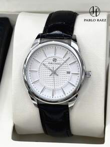 Pablo Raez 1pc Man Watch Business Wristwatch For Man Stainless Steel Silver IPS Case Luxury Black Soft & Comfortable Microfiber Leather Fashion Double Dial Third Dimension Design With Date 50M Waterproof Brand New Male Quartz Wristwatch Sports Casual Clock Nice Gifts For Friend Or Family Father Fit For Daily Life/Work/Party Decoration Dress Watch Graduation Wedding Presents