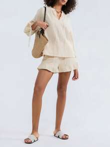 Linen Shorts Sets Women 2 Piece Outfits Long Sleeve Tie Front Tops And Ruffled Boxer Shorts Matching Lounge Sets