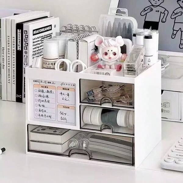 1 pièce Boîte de rangement de bureau avec tiroirs, organisateur de papeterie étudiant support à stylos avec support à mémo, organisateur de bureau scolaire à domicile, boîte de rangement pour maquillage, décoration de table, retour à l'école, fournitures scolaires, trousse à crayons, étui à crayons, sac d'école