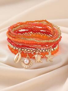 9pcs Summer New Casual Vacation Style Turtle, Starfish, Faux Pearl Shell Pendant Beaded Elastic Bracelet Set, Suitable For Beach, Travel, Party, Date, Outing, Daily Wear - Shell + Starfish + Turtle - View 18