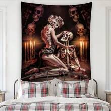 1 pezzo Arazzi decorativi in poliestere, stile gotico romantico, con coppia di scheletri e decorazioni floreali con candele, appesi al muro, per decorazione della casa, del soggiorno, della camera da letto, stile bohémien, estetico, regalo unico, decorazione di fantasia dark
