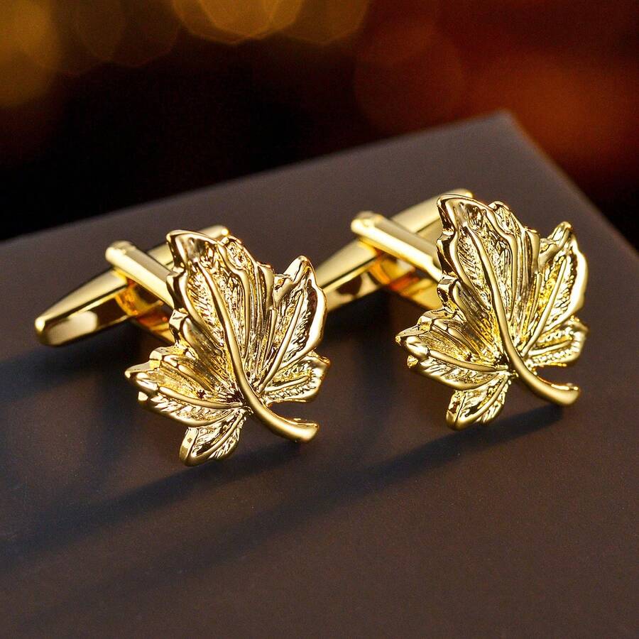 1 Pair High-Quality Golden Maple Leaf Cufflinks, Men's Suit Decorative Button
