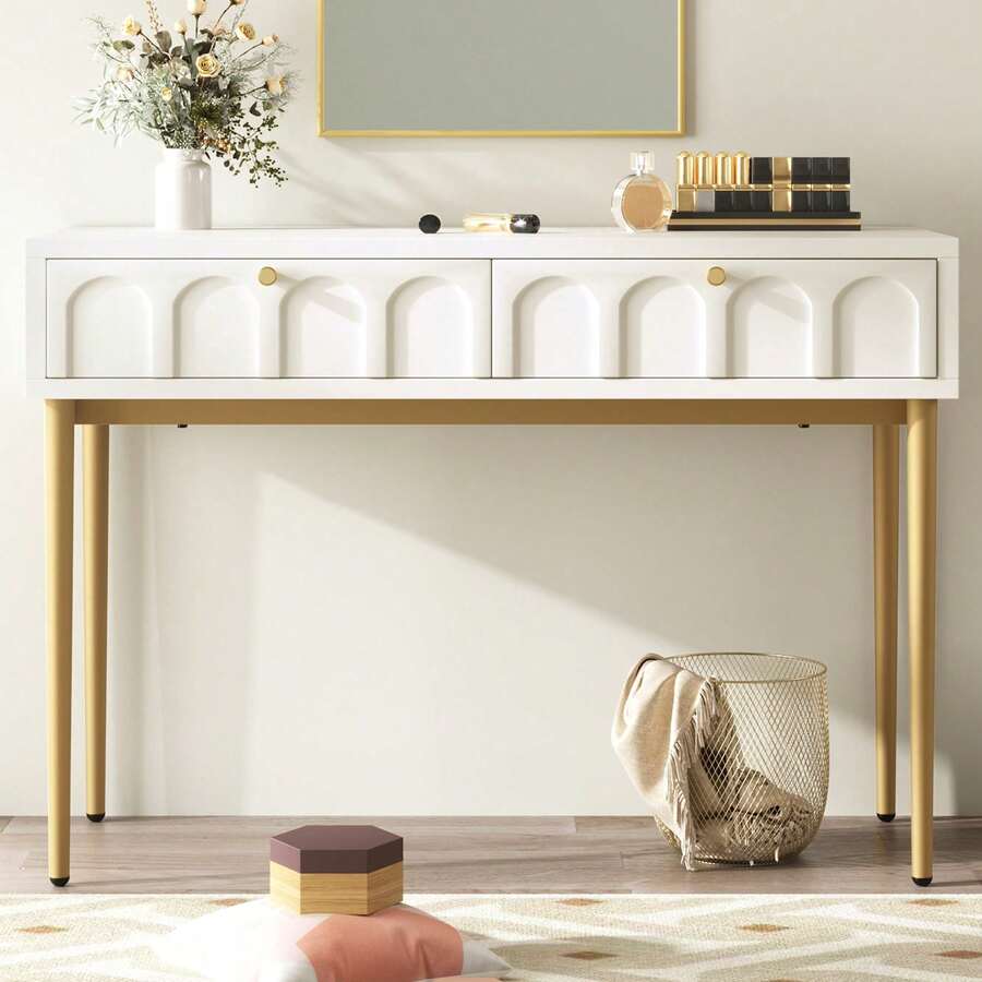 KOMHTOM Elegant Dressing Table With 2 Drawers, Wooden Vanity Table, Chest Of Drawers, Sideboard, Dressing Table For Bedroom, Living Room And Apartment, White - trắng - Xem 1