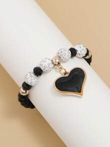 Heart Pendant Beaded Bracelet - Black - View 4