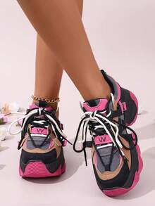 Women's Black Chunky Sneakers, Round Toe Lace-Up Thick Bottom Casual Athletic Shoes, Lightweight Outdoor Running For Spring & Autumn - 紅色 - 查看 4