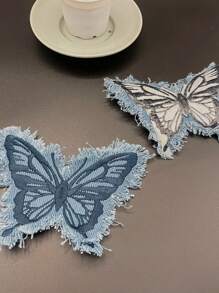 Hat Decoration, Denim Fabric, Washed Tassel, Beard Edge Effect, Butterfly-Shaped Embroidered Patch