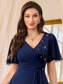 MIUSOL Đầm dạ hội maxi cổ chữ V đính sequin, ren hoa, chất liệu chiffon, tay bồng, xẻ tà bên hông, thích hợp cho tiệc cưới mùa xuân. - Màu xanh hải quân - Xem 8