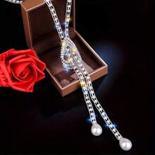 1pc Fashionable & Elegant Rhinestone Tassel Pearl Necklace - Silver - View 3