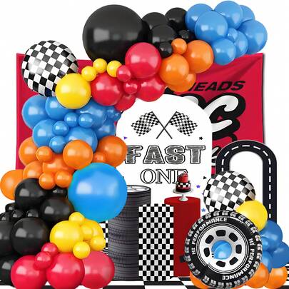 117PCS Racing Balloon Arch Garland Kit, Blue, Red, Black And Orange With Plaid Flag Aluminum Foil Balloons, Racing Theme Decorations Suitable For Birthday Parties, Outdoor Competitions, Celebration Decorations.