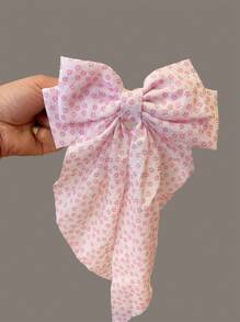 1pc Women's Korean-Style Double Layer Long Ribbon Ditsy Floral Big Bow Hair Clip, Sweet Fabric Spring Clamp Barrette ,Hair Accessory ,School Accessories, Claw Clips, Clips For Hair, Hair Slide, Hair Claws