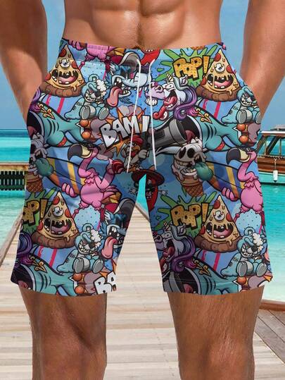 男士泳裤/沙滩短裤，休闲卡通印花速干抽绳短裤，适合海滩、夏季和居家穿着 - 夏威夷风情