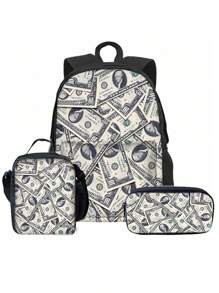 Dollar Pattern Printed Backpack Three Pieces Set (Front Bag Backpack + Lunch Bag + Pencil Bag) Pencil Case