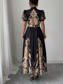 1pc Patchwork Floral & Plant Graphic Elegant Bohemian Crossed Waistband Slit Dress