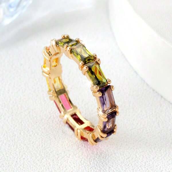 1pc Zirconia Stone Rectangle Ring, Surprise Gift For Women On Dates, Valentine's Day, Multi-Color