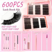 Waloshow Back To School 600Pcs Value Pack 3D Fluffy Lash Cluster Eyelash Kit, D Curl Cluster Lashes With White Glue, Natural Fake Eyelashes Glue Remover And Individual Lashes Tweezers , False Lashes In 6 Styles, 30D 40D 50D 60D 80D 100D For Beginners,Makeup Tools(White Bond+Seal+Spare Glue+Remover+Tweezers+Brushes) Quick Makeup For School
