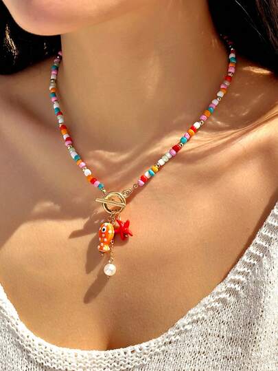 1 pieza de collar con colgante de pez de cerámica, estrella de mar y cuentas de perlas con borlas, accesorio de estilo playero y veraniego, adecuado para mujeres, regalo, citas