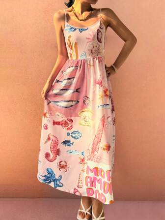 Sea Starshine 春夏新款女装时尚优雅休闲假日风格海洋生物图案设计无袖细肩带露背中长连衣裙