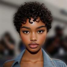Short Elfin Cut Human Hair Wig For Women Short Afro Curly Wave Human Hair Wig With Bangs Remy Peruvian Human Hair Wig Rose Net Full Machine Made Nature Color Human Hair 4inch 180% Density Holiday Wear Party Wear