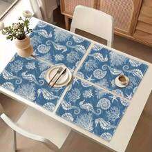 1pc Seahorse Print Table Runner, 4pcs Seahorse Print Placemats, Suitable For Festivals, Parties, Birthdays, Dinners, Kitchen & Dining Table Decor, Applicable All Year Round For Home Decoration And Textiles