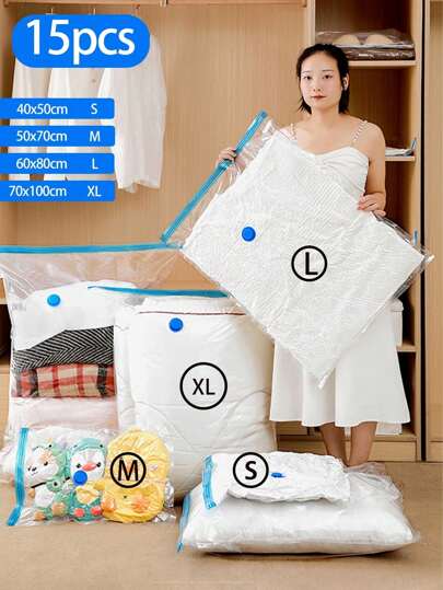 15/10/5/1pcs Vacuum Compression Storage Bags, Travel Garment Organizer Bags With Hand Pump, Multi-Size Options (3XL+2XL+XL+L+M+S), Household Luggage Bags, Dust-Proof Clothing Compression Bags, Wardrobe Storage Compression Bags, Foldable Storage Bags, Transparent Compression Bags, Bedding Compression Bags, Moisture-Proof Compression Bags