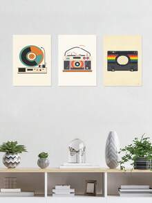 3pcs Retro Boombox Wall Art Decor, Vintage Vinyl Artwork, Classic Camera Canvas Print Wall Arts, Minimalist Design Posters, Colorful Stripes Painting, Nostalgic Vibes Modern Home Decor, Poster, Room Aesthetic, Ideal Gift, Optional Frame ,Wall Art With Frame