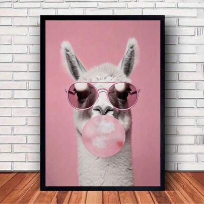 1pc Canvas Poster Llama With Bubble Gum Painting Canvas Wall Art Painting For Gift Bedroom Office Living Room Cafe Bar Wall Decor Home And Dormitory Decoration Gifts Optional Frame ,Wall Art With Frame