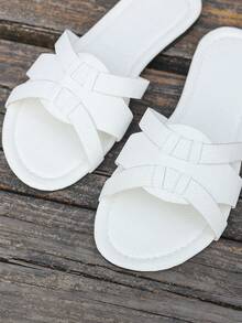 Women's Summer New Round Toe Flat Non-Slip H-Shaped Woven Strap Hollow Out Open Toe Flat Slippers, Suitable For Pairing With Dresses, Leggings, Casual Pants, Shorts, Skirts. Slip-On Women's Sandals For Spring, Summer, Autumn, Valentine's Day, Parties, Fashionable Casual, Elegant, Minimalist, Romantic, Cute, Vacation, Travel, Breathable, Daily Versatile, White, Beach Shoes, Women's Fashionable Flat Sandals