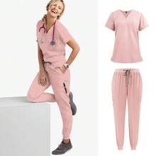 Damen Scrubs Set - V-Ausschnitt Oberteil & Jogginghose mit elastischem Bund und 3D Großen Taschen Anti-Rutsch