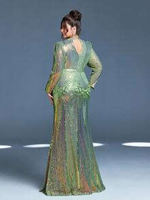 Mgiacy 新款高领加大码晚礼服亮片灯笼长袖修身美人鱼长裙，绿色连衣裙 - 綠色 - 查看 2