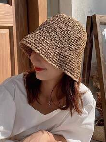 1 Pc Unisex Fashion Grass Straw Hat, Khaki Casual Sun Hat, Foldable Handmade Woven Bucket Hat For Women, Korean Style Summer Beach Hat, Lightweight Sun Protection For Outdoor Travel, Gift
