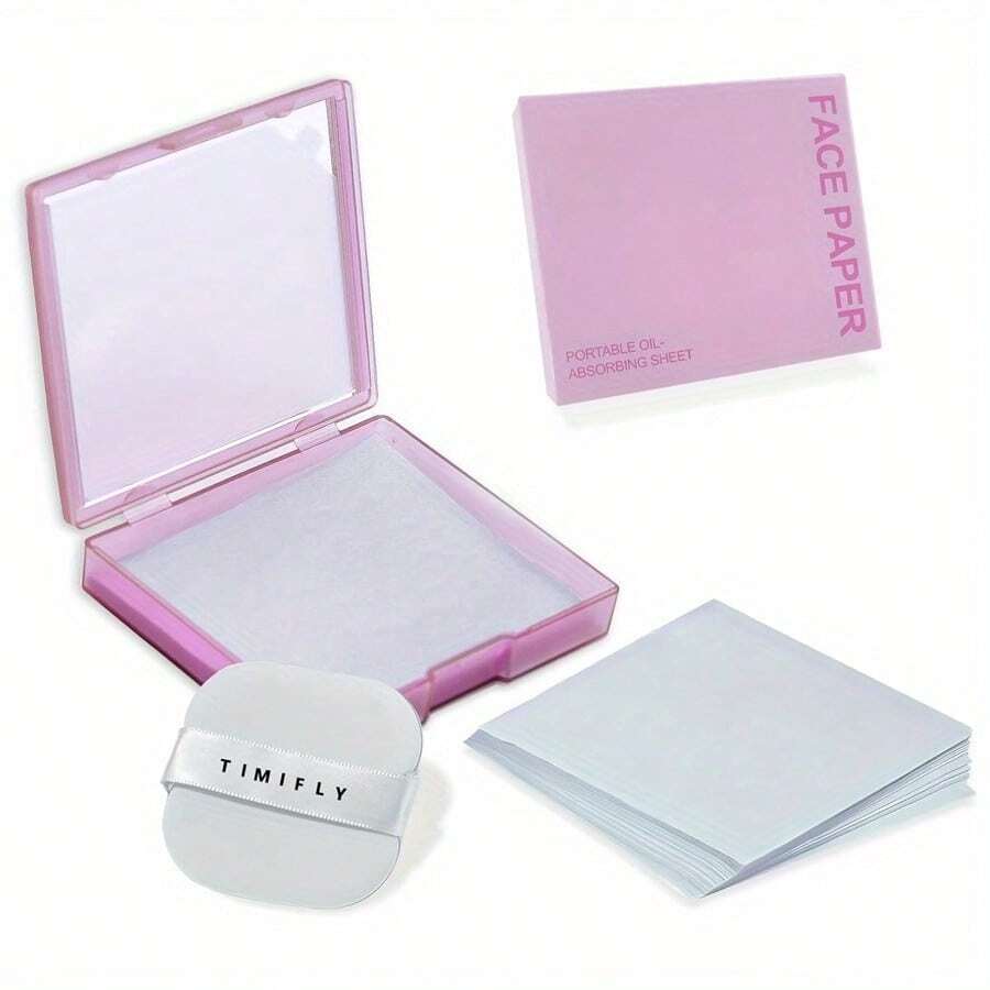 Blotting Paper Set For Face 100 Sheets Oil Absorbing Sheets With Portable Mirror & Adhesive Makeup Puff, Blotting Papers For Oily Skin, Design For Men & Women