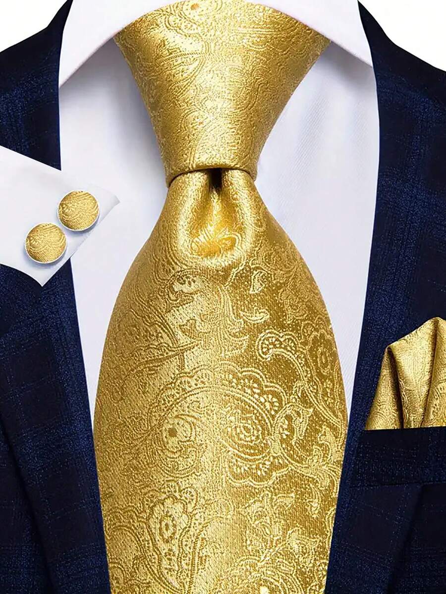 Men Tie Sets Classic Fashion Necktie Set With Cufflink For Business Party - Gold - View 1