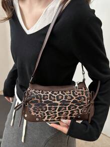 Bolsa de ombro feminina elegante, de cor sólida, com rebites simples e estampa de leopardo, ideal para compras, carteiras, compras, jovens mulheres, estudantes universitárias, recém-chegadas e trabalhadoras de colarinho branco. Ideal para escritórios, universidades, trabalho, negócios, deslocamento diário, atividades ao ar livre, viagens e passeios.