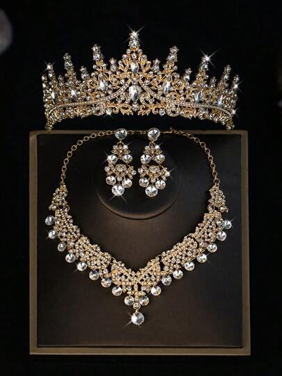 Set di gioielli da sposa 4 pezzi: corona di cristallo alla moda, collana e orecchini, accessori per abiti da sposa e da festa