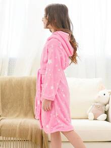 Bata de franela con capucha, cinturón y estampado de estrellas para niña preadolescente - Rosa - Ver 3