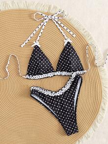 Czarno-białe kropki kontrastowe kokardki marszczenia na dole śliczne bikini na wiosnę/lato plaża