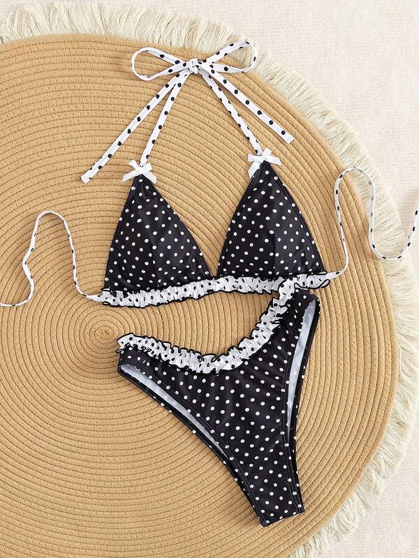 Czarno-białe kropki kontrastowe kokardki marszczenia na dole śliczne bikini na wiosnę/lato plaża