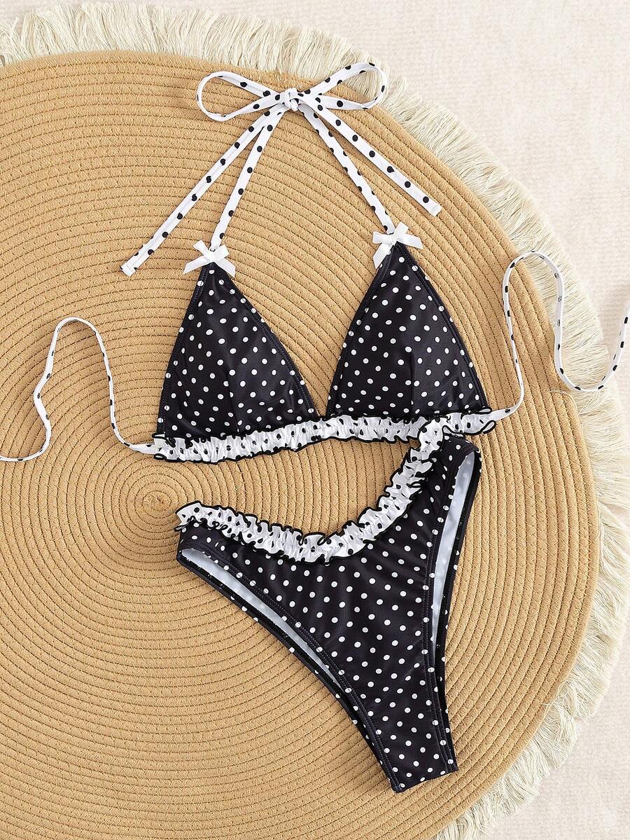 Czarno-białe kropki kontrastowe kokardki marszczenia na dole śliczne bikini na wiosnę/lato plaża