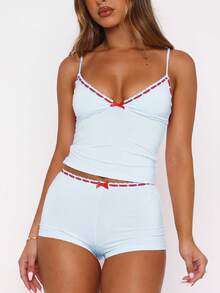 Women Cami Pajama 2 Piece Set Lace Trim Top And Fold Over Shorts Set Y2K Sleepwear Summer Lounge Two Piece Outfit - 藍色 - 查看 1