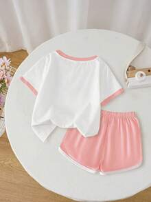 2 件套青少年女孩服装套装草莓印花 T 恤和短裤可爱柔软夏季舒适休闲