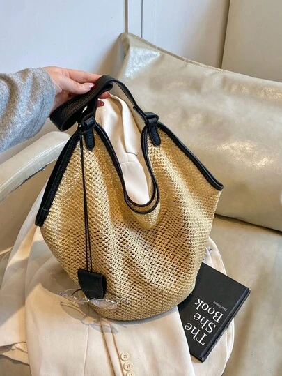 1pc Women Straw Summer Tote Bag, Fashionable Solid Color, Casual Holiday Beach Bag, Minimalist Vintage Oversized Shoulder Bucket Bag