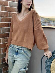 CROCHET KNITTED WINTER BLOUSE V-NECK COLD WARM - 駝色 - 查看 1