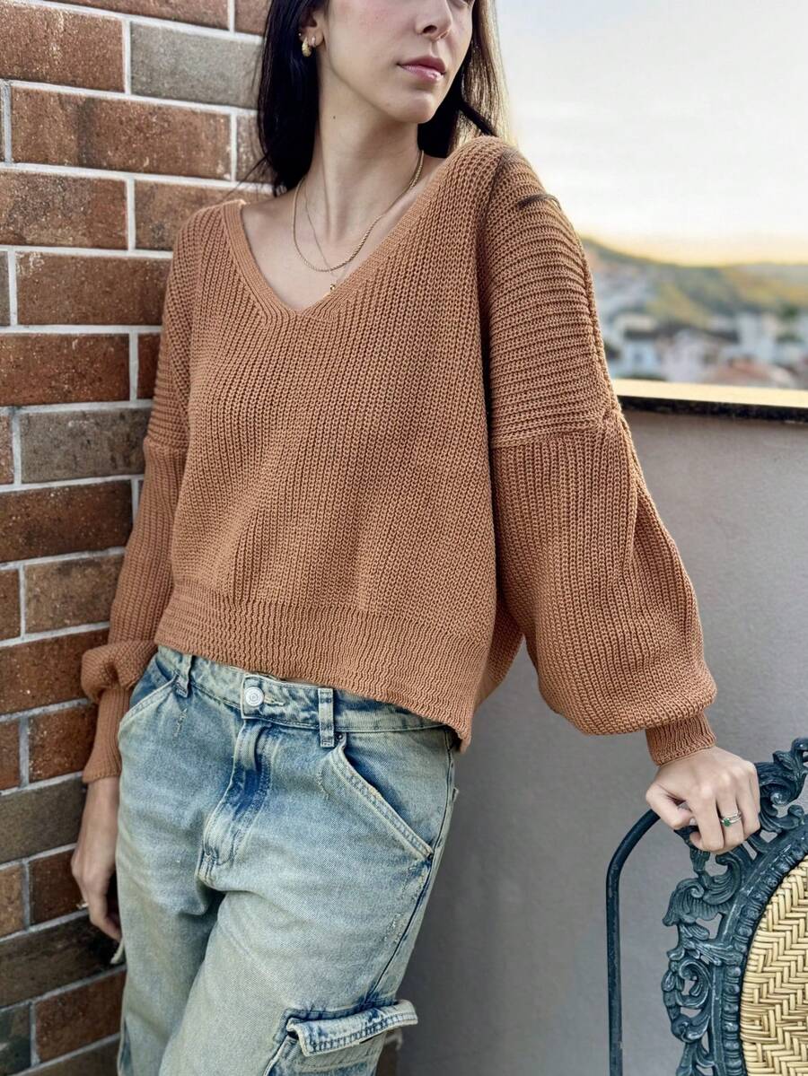 CROCHET KNITTED WINTER BLOUSE V-NECK COLD WARM - 駝色 - 查看 1