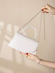 Luxurious And Charming Solid Color Pearl Handle Party Clutch Bag, Gorgeous And Exquisite Flap Ladies Evening Bag, Shoulder Crossbody Bag With Detachable Metal Chain, Stylish Women's Business Bag With Hidden Card Pocket Inside, Perfect Wallet For Party Girls, Brides, College Students, Perfect For Parties, Proms, Banquets, Get-Togethers, Weddings,Best Gift. - Apricot - View 5