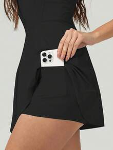 女款防紫外線涼感無袖可拆式內墊修身運動裙，適合網球、高爾夫及其他運動 - 黑色 - 查看 7