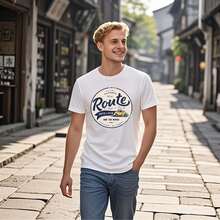 Unisex Cotton T - Shirt Set With "Route" Text And Car Print, Along With "CALIFORNIA 127 MILES SPEND LIFE A FRIEND ROSE THE WAVES" - American Road - Style - 白色 - 查看 1