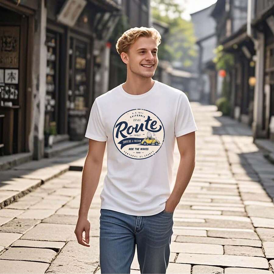Unisex Cotton T - Shirt Set With "Route" Text And Car Print, Along With "CALIFORNIA 127 MILES SPEND LIFE A FRIEND ROSE THE WAVES" - American Road - Style - 白色 - 查看 1