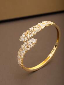 1 Set Fashionable Cubic Zirconia Geometric Inlaid Bangle & Ring Set, Suitable For Women Bride Wedding Party Wear, No Gift Box Included - Yellow Gold - View 3