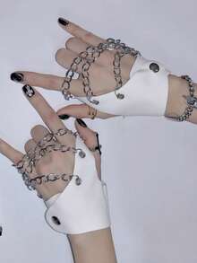 1 双 Y2K 朋克风格链条露指手套，性感前卫舞者表演者角色扮演配饰仿皮半指袖套
