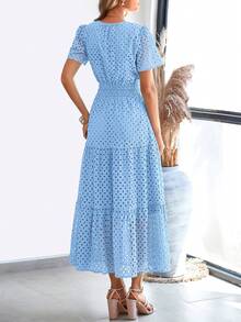 Womens Summer Maxi Dress Short Sleeve V Neck Hollow Out Eyelet A Line Long Flowy Beach Vacation Dresses - Light blue - View 2